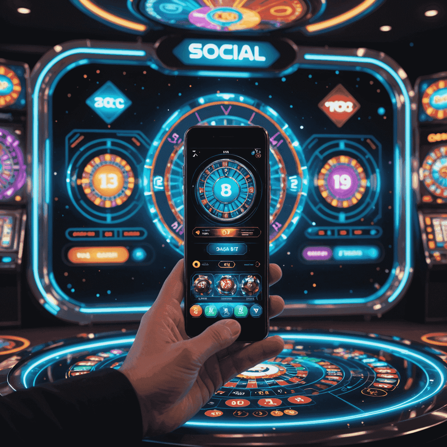 Uma imagem futurista mostrando uma interface de jogo de casino social em um dispositivo holográfico, com gráficos coloridos e animações de partículas