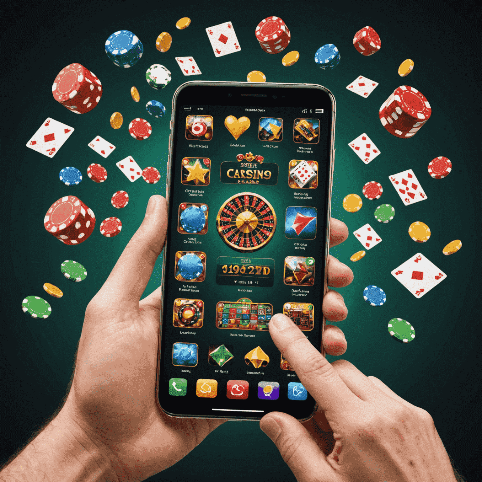 Uma tela de smartphone mostrando vários jogos de casino social, com ícones explicativos flutuando ao redor e uma mão tocando a tela