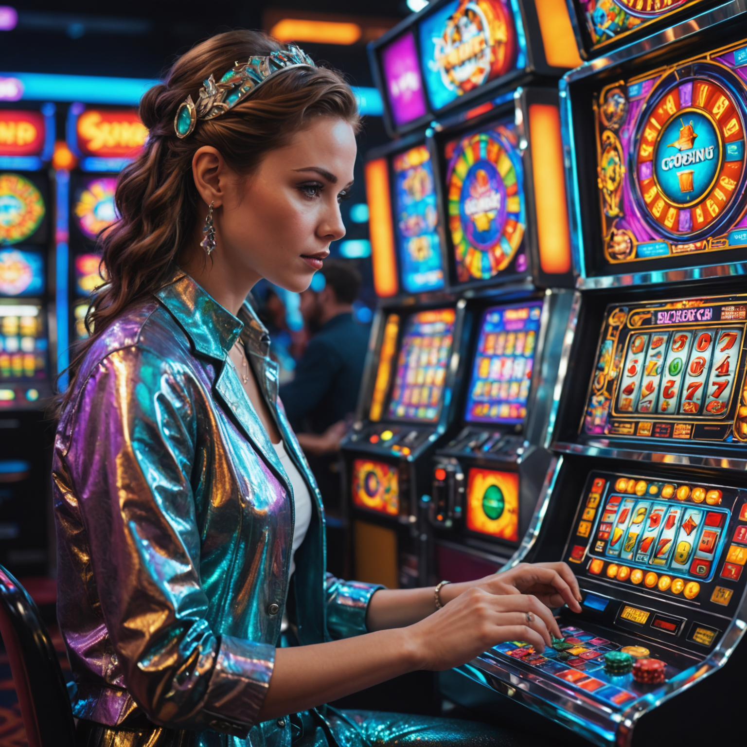 Artista digital criando personagens coloridos e cenários de slot machines em uma tela holográfica