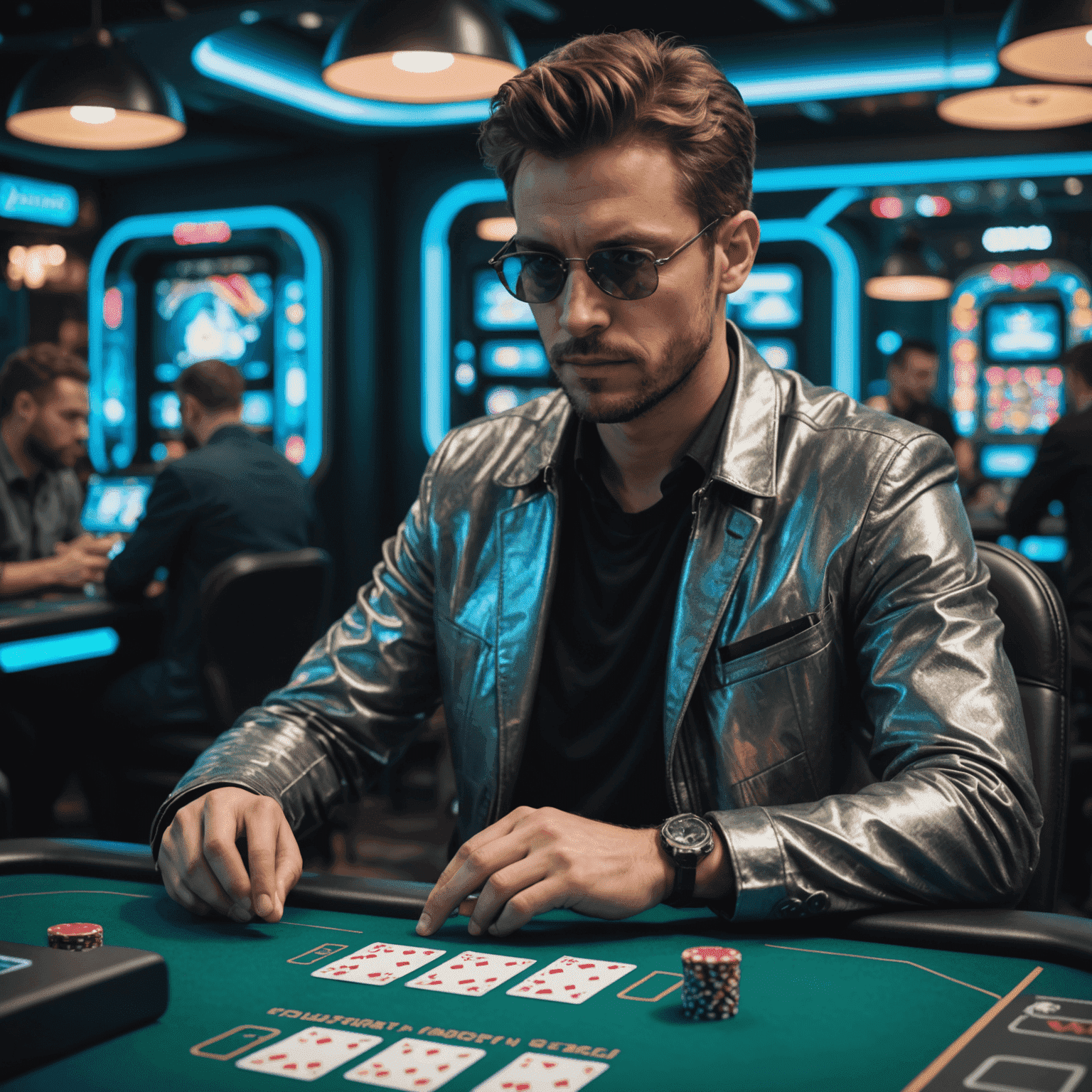 Um homem concentrado jogando poker em uma mesa virtual com gráficos futuristas e hologramas de cartas