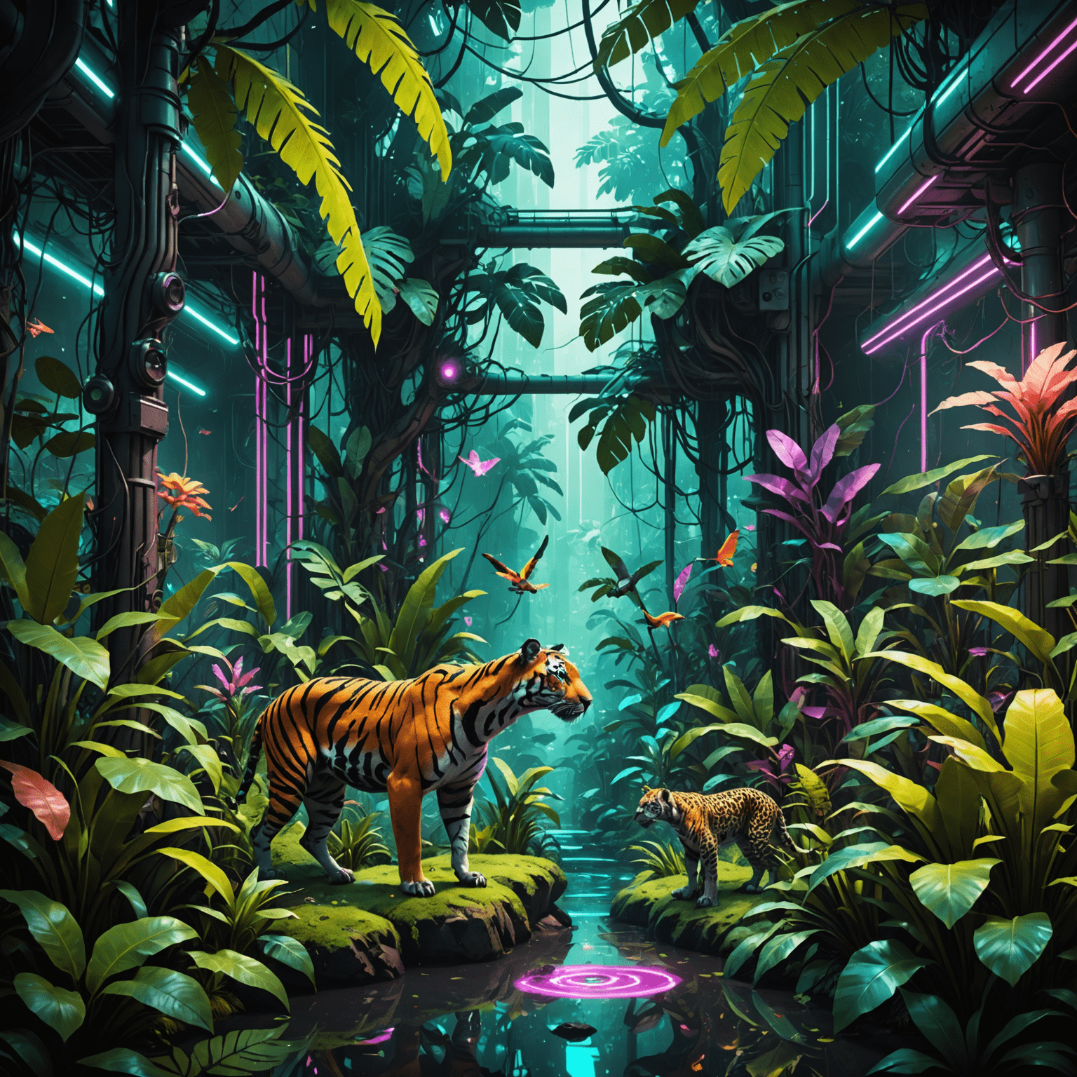 Uma cena de selva futurista com animais selvagens digitalizados e vegetação neon