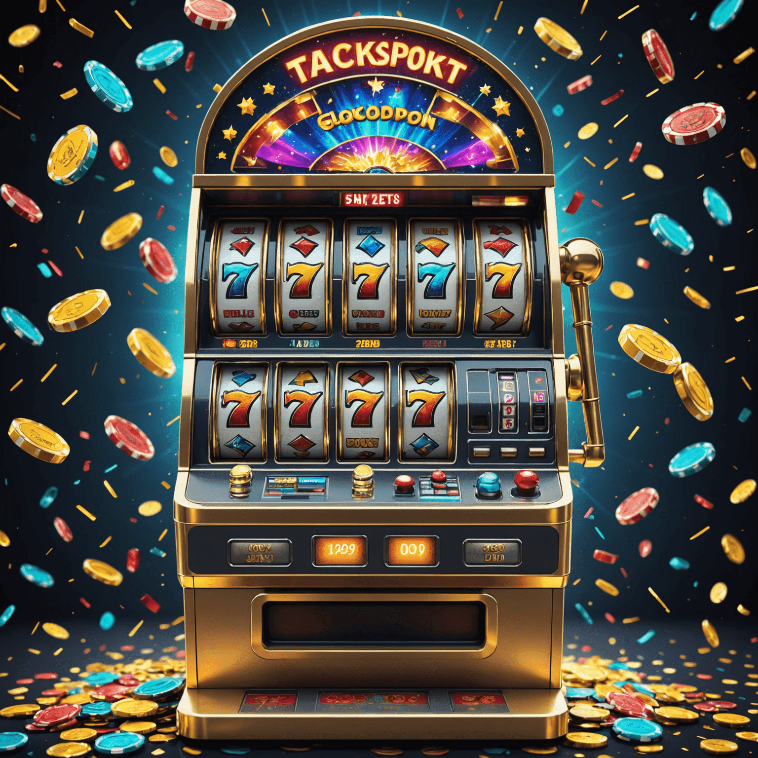 Uma tela de slot machine mostrando um jackpot massivo com efeitos visuais futurísticos e confetes virtuais