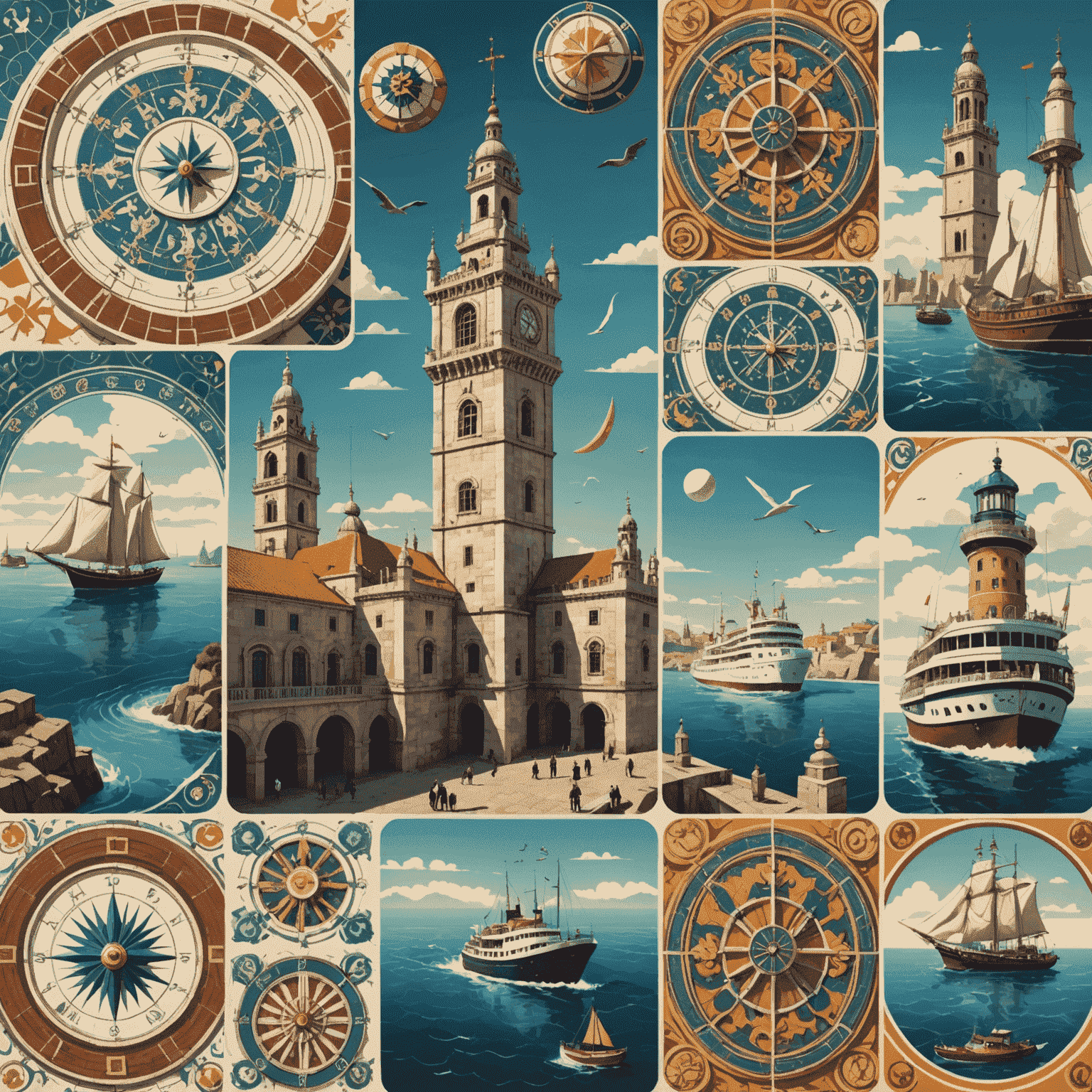 Colagem de elementos portugueses como azulejos, a Torre de Belém e símbolos marinhos, misturados com gráficos de jogos de casino em um estilo futurista