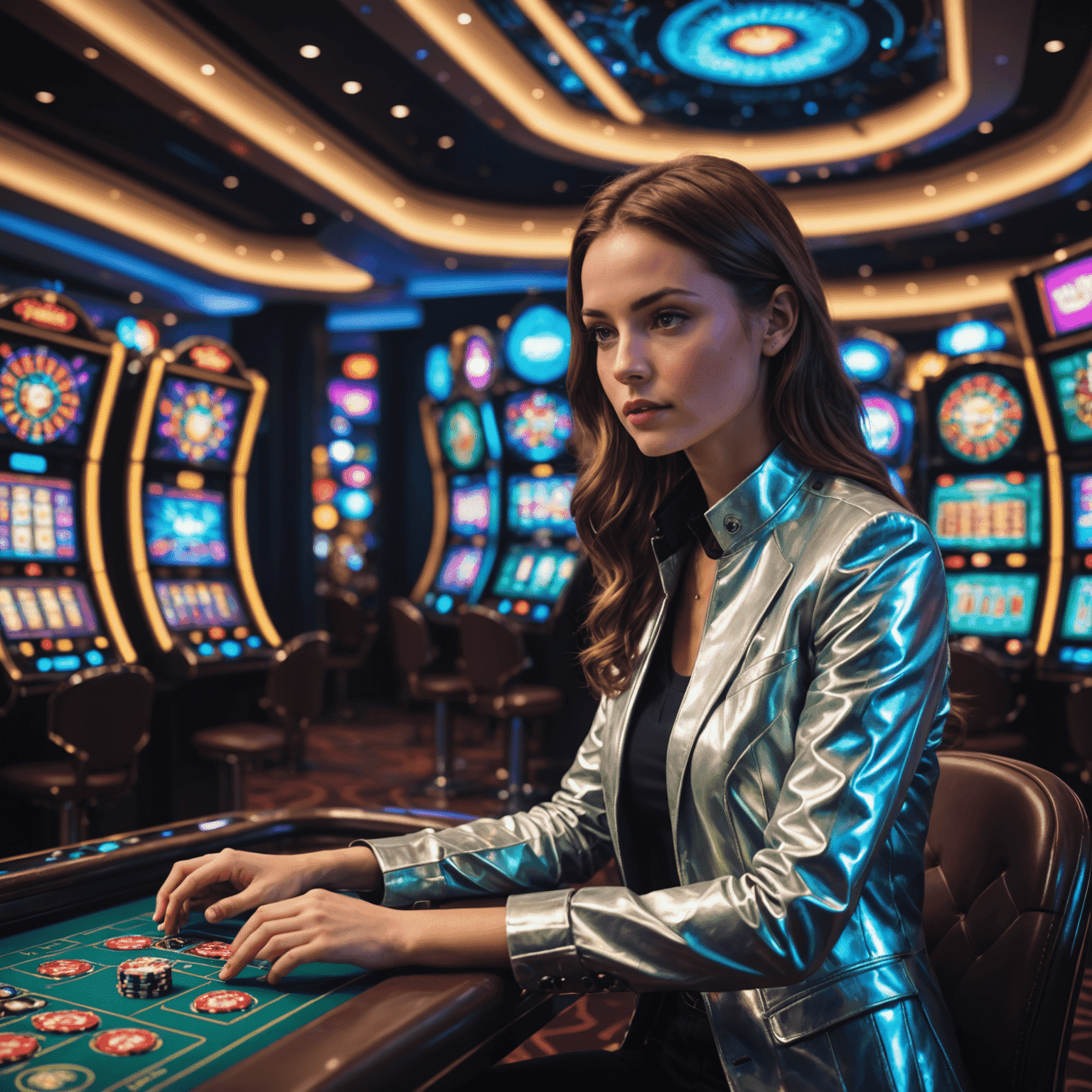 Uma mulher explorando diferentes jogos de casino em uma interface futurística com ícones holográficos